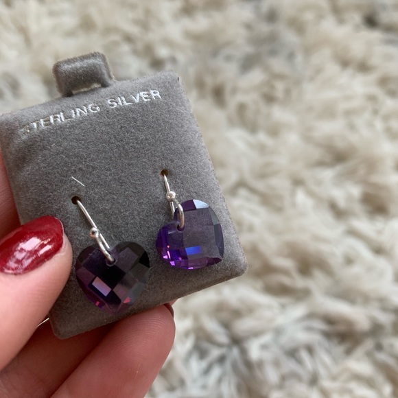 Purple Crystal Heart Sterling Silver Earrings - Picture 5 of 5